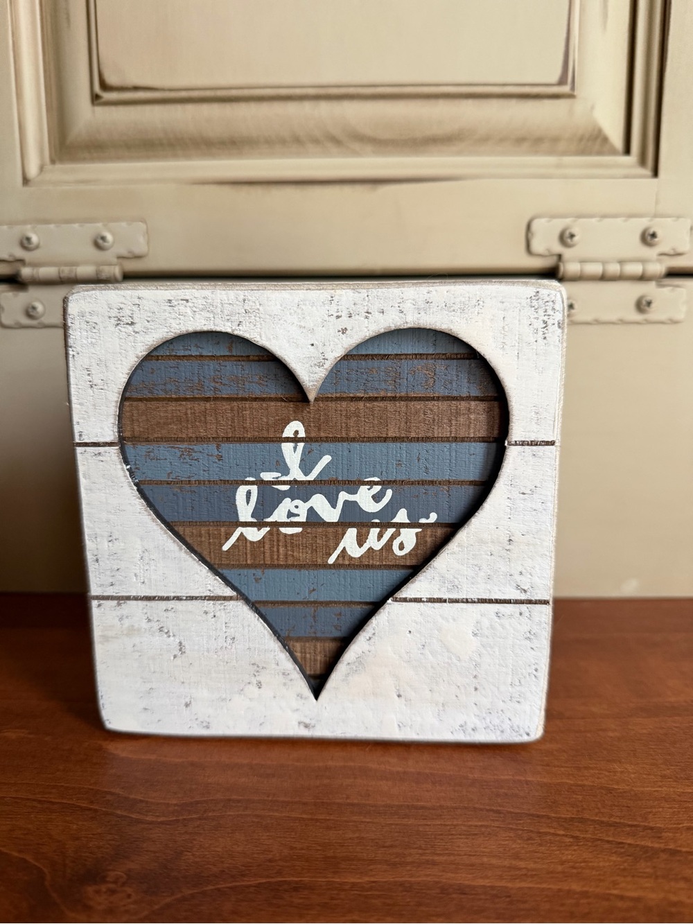 Primitives by Kathy White and Blue Heart Wood Sign - "love is"